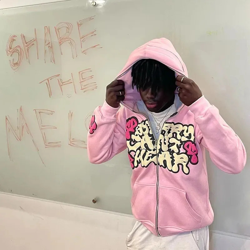Fashion Long-sleeved Zipper Top Casual Men Hoodies Harajuku Jacket Letter Print Coat Men Jackets Pink Zip Hooded Sweatshirt Suit 260917