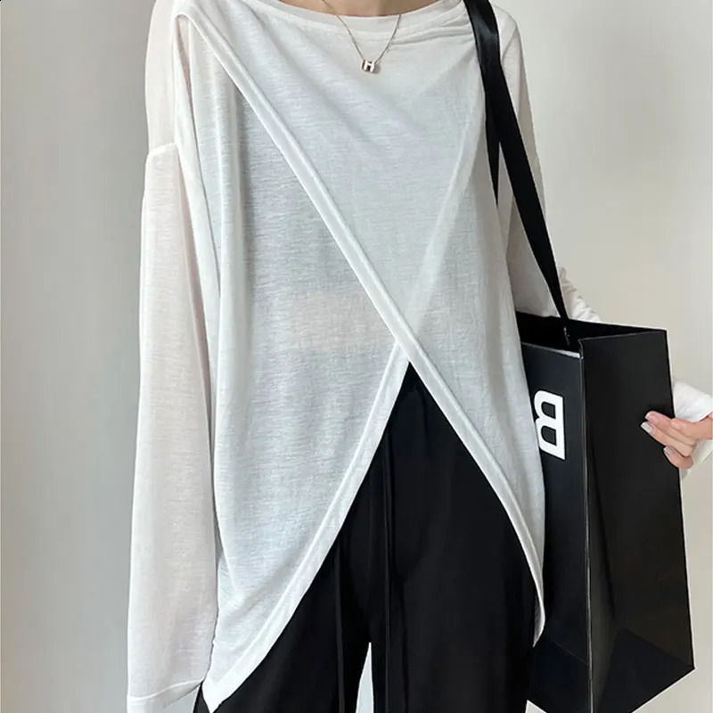 Summer Elegant Fashion Harajuku Slim Fit Female Clothes Loose Casual All Match Tshirts Solid O Neck Thin Style Long Sleeve Tees 260917