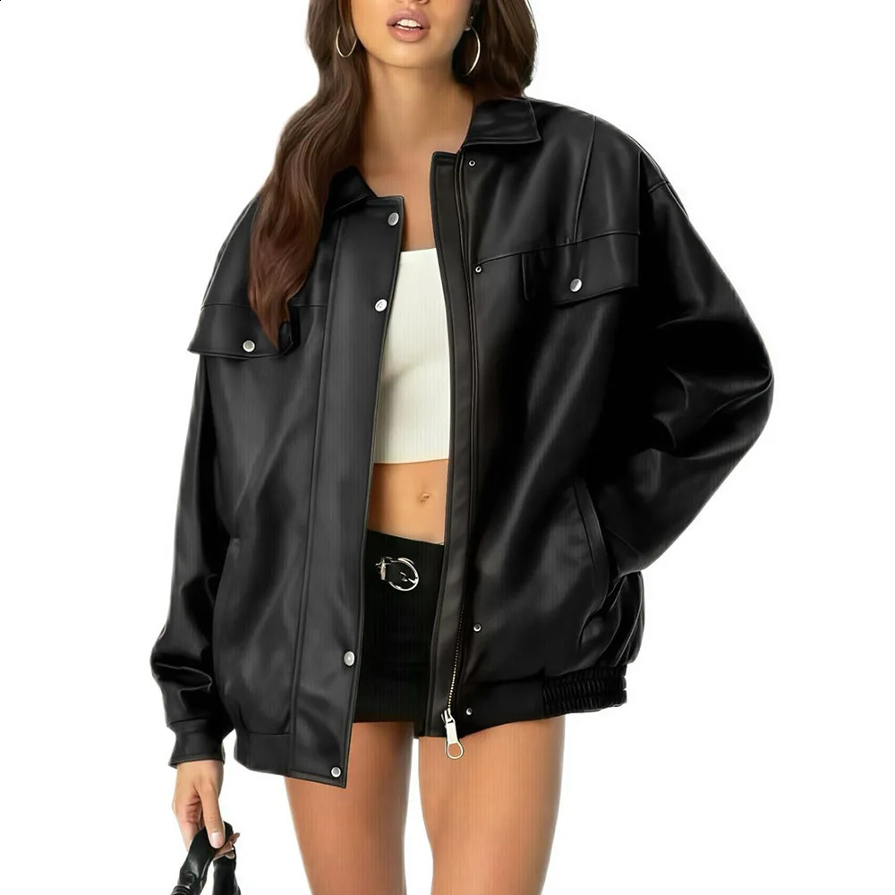 2025 Womens Autumn Winter Jacket Loose Long Sleeve Lapel Retro Biker Faux Leather Coat 260916