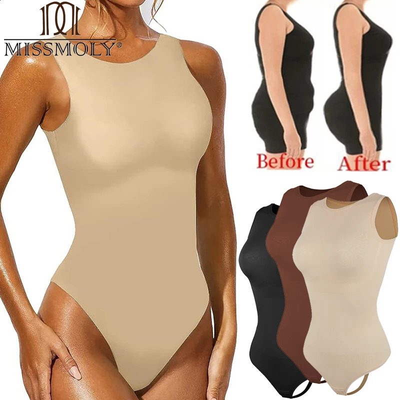 MISSMOLY Bodysuits Sexy Sleeveless Crew Neck Shapewear Thong for Women Waist Trainer Tanks Tops Slim Tummy Control Body Shaper260915