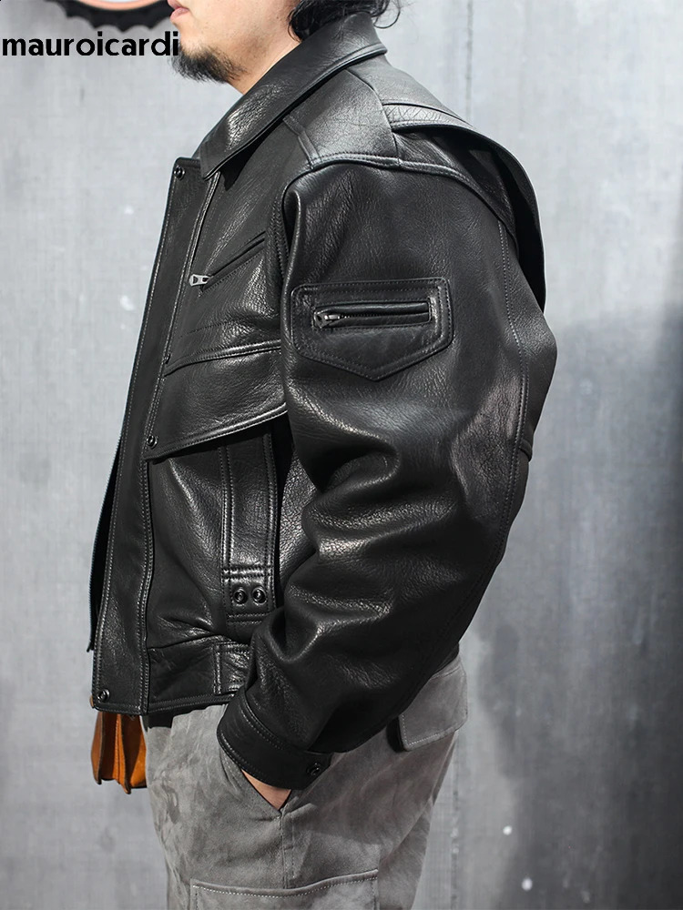 Mauroicardi Spring Autumn Cool Handsome Short Hard Black Pu Leather Motorcycle Jacket Men Long Sleeve y ner Clothes 260917