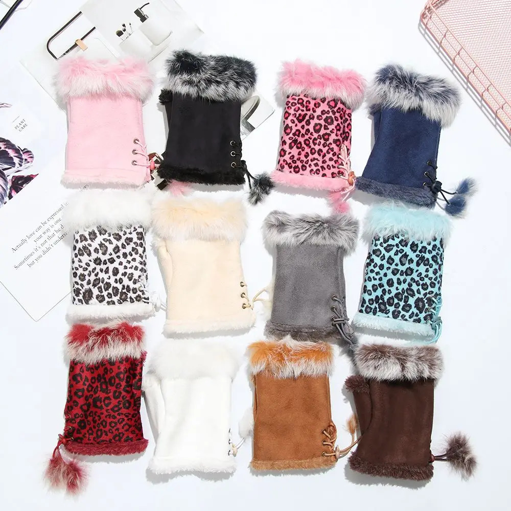 1 Pair Fashion Faux Rabbit Hair Gloves Suede Leather Fingerless Soft Stretch Gloves Women Girls Winter Thicken Warm Mittens260915