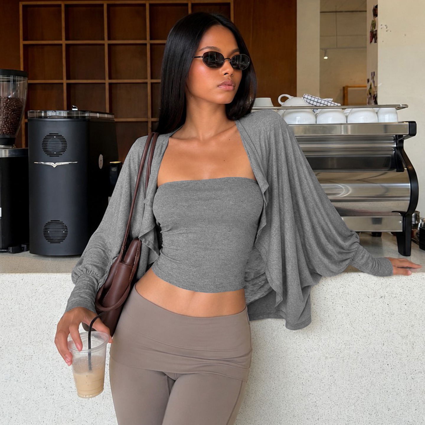 European American style, pure and sexy short crop top + batwing-sleeve, asymmetrical, slimming long-sleeve cardigan, casual set 65