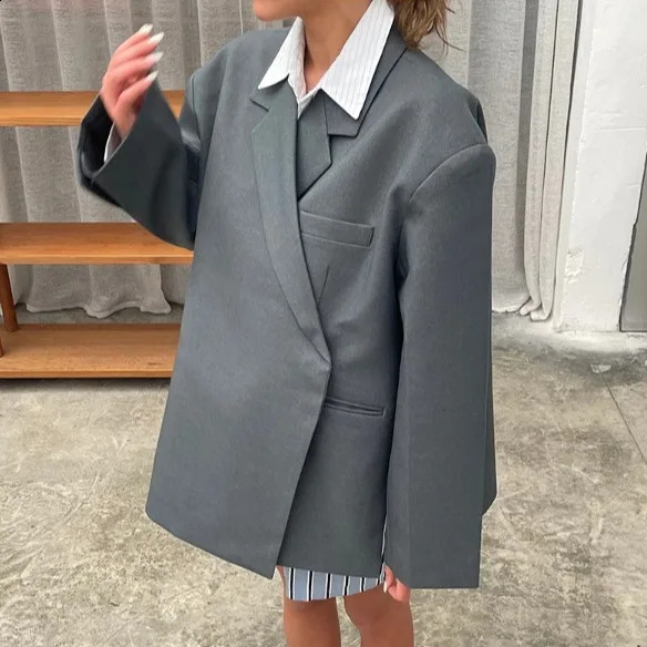 Loose Elegant Grey Asymmetric Blazer Women Lapel Long Sleeve Split Suit Jackets Autumn Winter Lady Fashion Outwear Street 260917