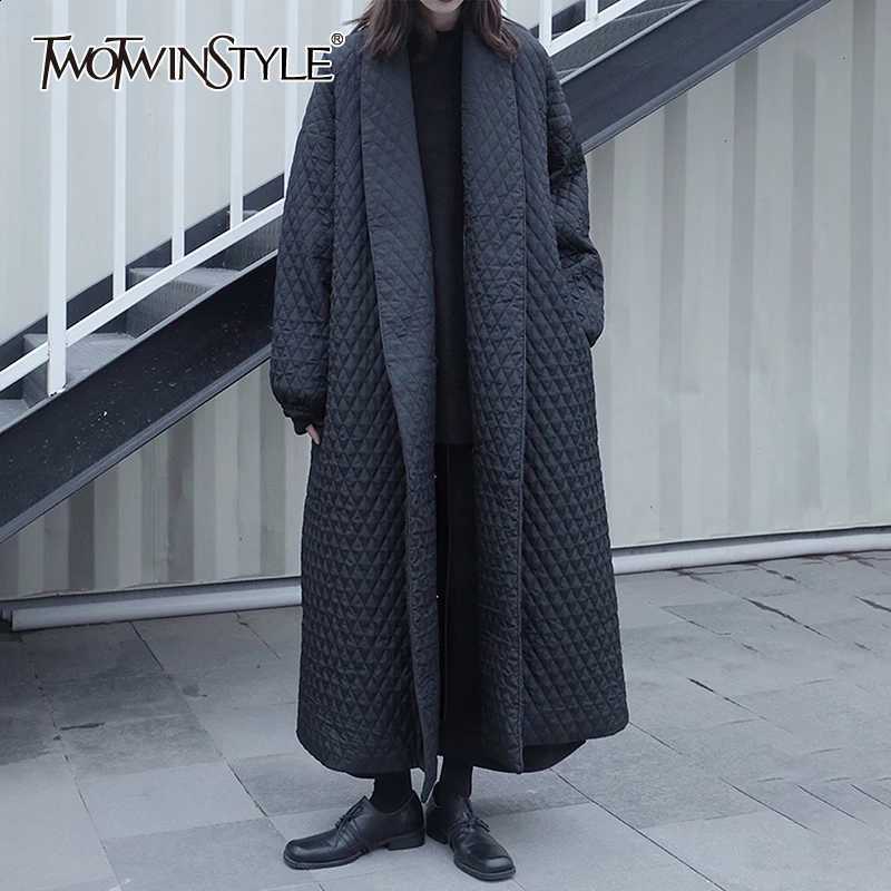 TWOTWINSTYLE Splicing Argyle Mid Parkas For Women V Neck Long Sleeve Casual Solid Cotton Coat Female Fashion New Winter Stylish H260917