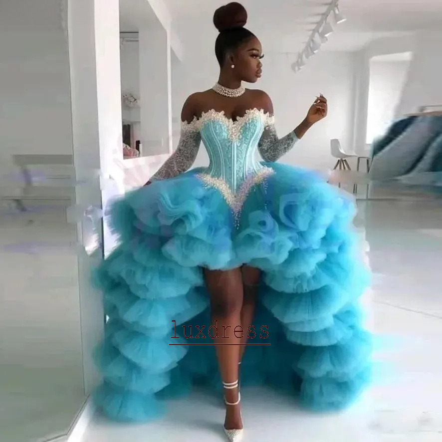 Blue Ball Gown High Low Prom Dresses Elegant Off The Shoulder Long Sleeves Aso Ebi Evening Dress Graduation Gowns Holiday Vestidos