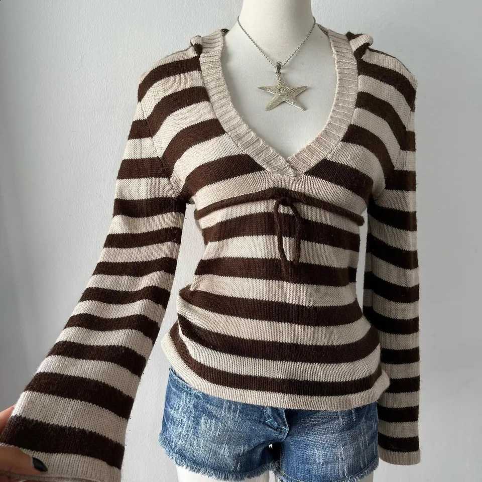 Knitted Sweater V-neck Y2K Pullover Sweater Sexy Women Full Sleeve Slim Stretch Knitwear Jumper tops Autumn Winter Stripe J260916