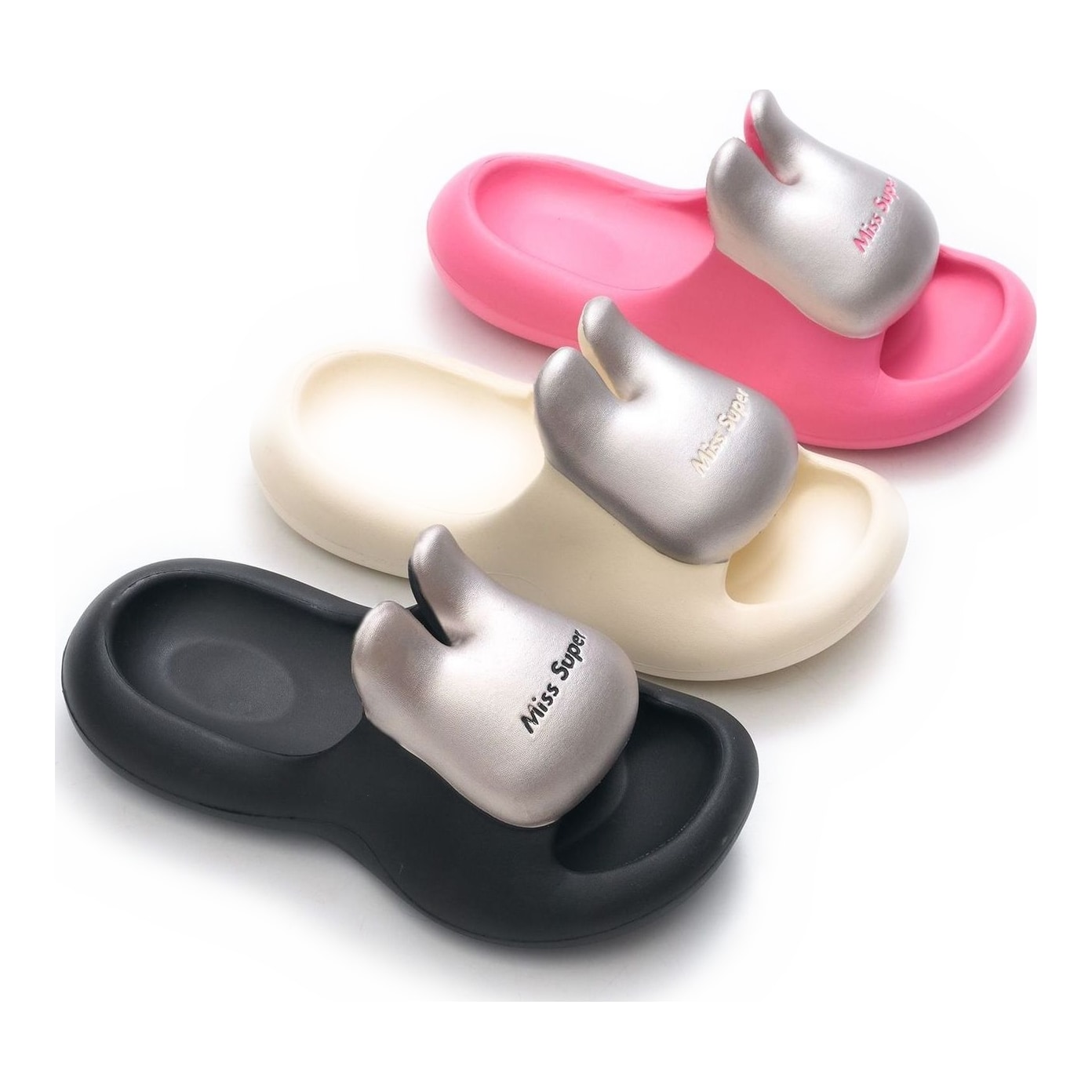Thick Sole EVA Slide Sandals Women, Bunny Metallic Single-Band Outdoor Summer Slippers, Korean Style Round Toe Anti-Slip, Wholesale