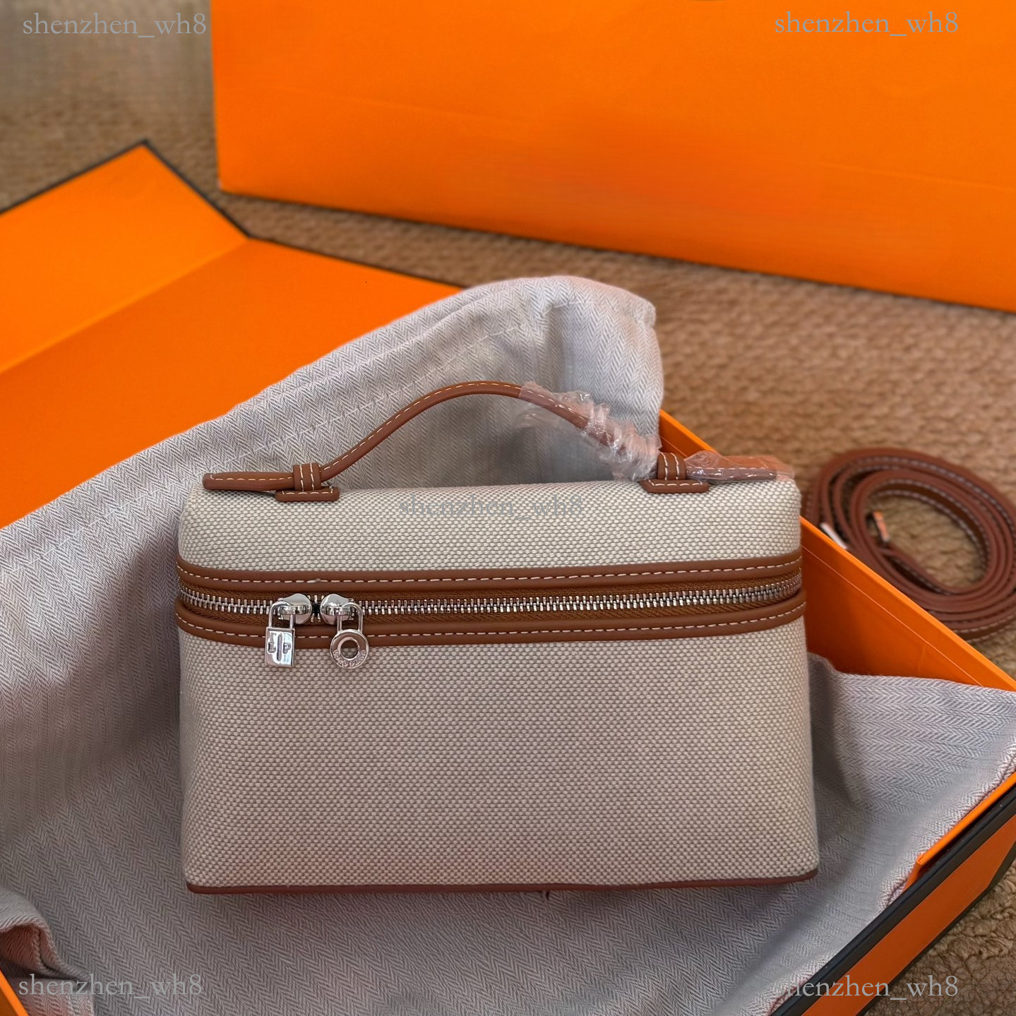 High quality Cross-border bestseller L 19 lunch box bag 2026 genuine leather P 19and canvas combination makeup bag handbag with a high-end feel smal
