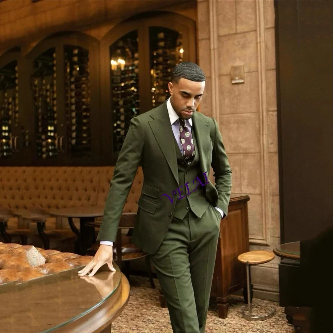 Customized Stylish Olive Green Men's Suit Business Groom's Tuxedo ThreePiece Jacket Vest Pants 260917