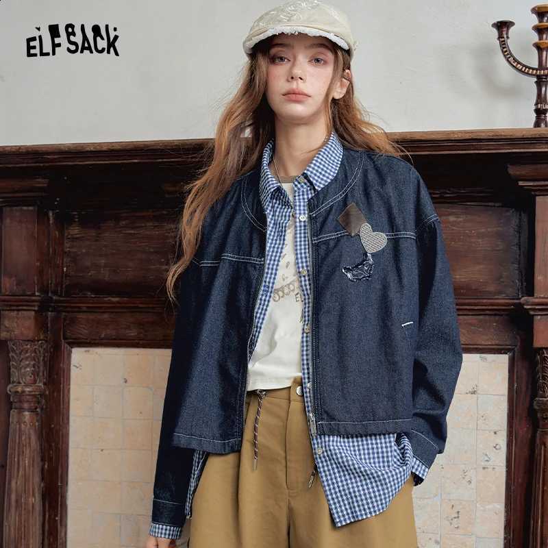 Women's Preppy ELFSACK Fake Two-Piece Jacket with Badge Decor Contrast Plaid Trim Outerwear Casual Long Sleeve Coat C260917