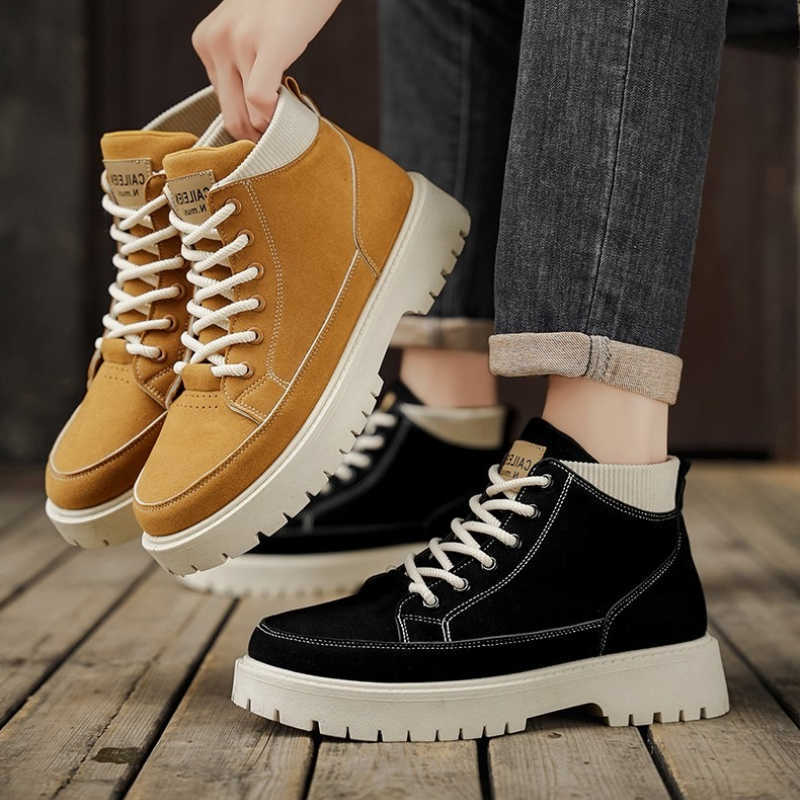 Round Men's High-top Boots with Toe Multi-color Soft Sole Lace-up Design Trendy Versatile Thick Sole Anti-slip Style Work Boots D260917