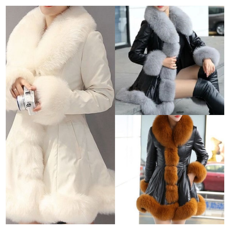 Women Mid Length Winter Coat Thick Fluffy Shawl Collar Matching Edging Cuff Hem Fitted Midsection Swing Skirt Shape Classic Two Tone Graceful Out