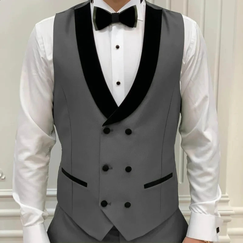 Men Vest Gray Double Button With Black Lapel Waistcoat Suit Fit Wedding Birthday Banquet Party Business Work Tuxedo 260917