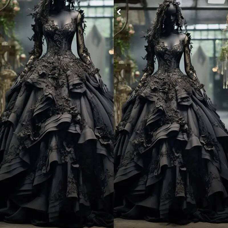 Elegant Gothic Black Wedding Dress With Long Sleeves 3D Ral Appliques For Brides A E Style Ruffle Tiered Vintage Women Dresses Q916