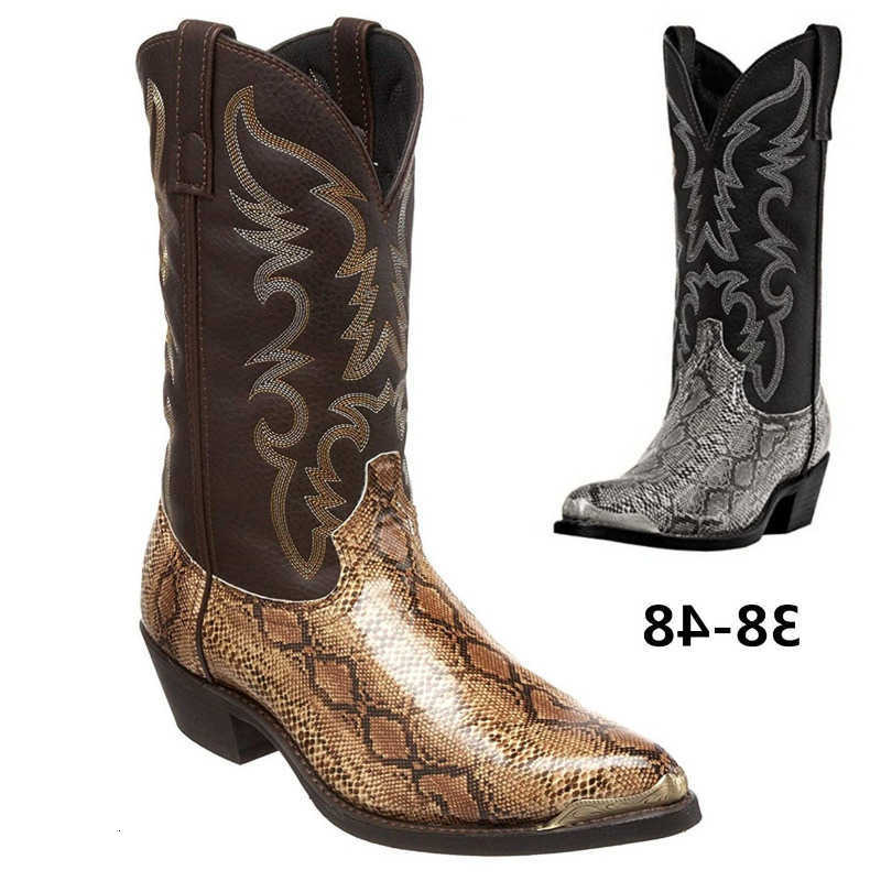 Snake Pattern Boots Men Handmade Mid-calf Mens Boots Pointed-top Western Boots Plus Size 38-48 Unisex Shoes Botas D260917