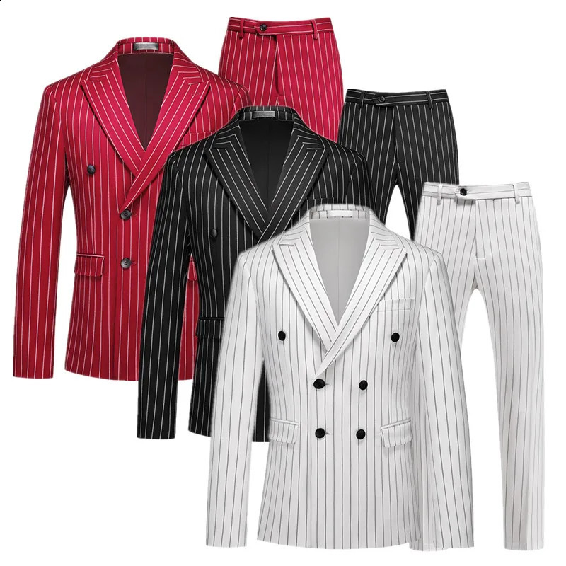 Fashion Simple Men Double Breasted Striped Suit 2 Piece Black White Homme Business Social Wedding Party Blazers and Trousers 260914