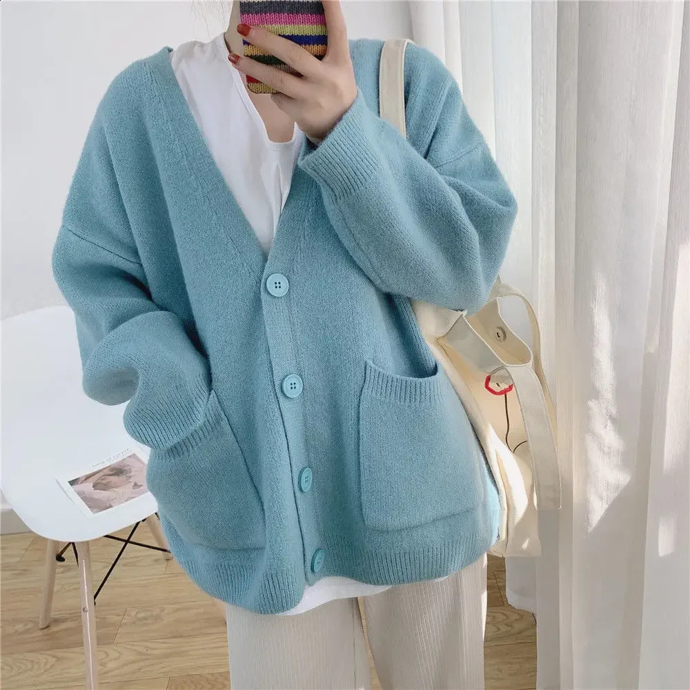 Winter Button Knitted Top for Women Purple Vneck Blue Ladies Sweaters Cardigan Korean y Fashion Y2k Vintage Warm 260917