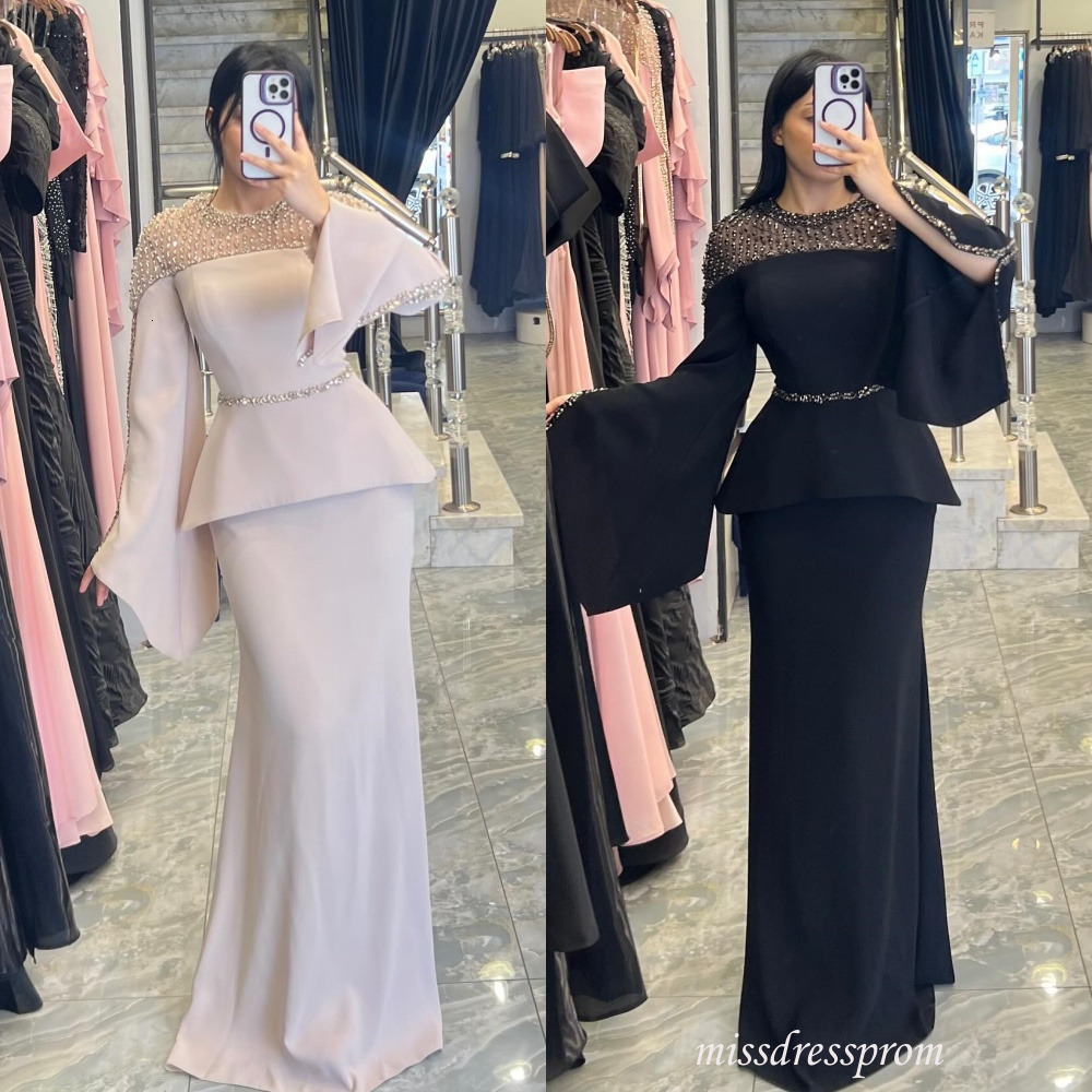 Classic Arabic Dubai Women Evening Dresses Scoop Neck Long Sleeves Jersey Beading Sequined Mermaid Formal Occasion Party Gowns Prom Dress 917