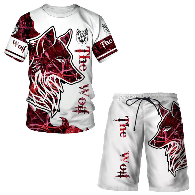 T-shirt Hot Sale Cross-border 3D Digital Print Lion Tiger Pattern Men's Casual Sports Suit 94