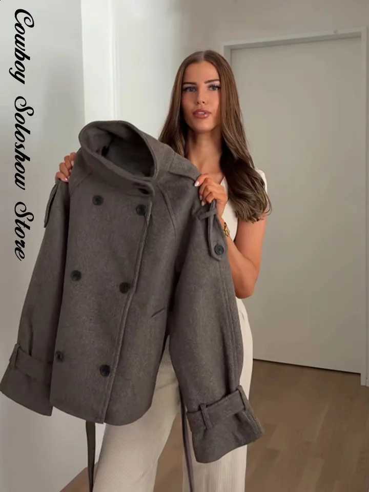 Women's Woolen Elegant Coats Autumn Winter Stand Neck Lace Up Waist Cinching Cropped Jacket With Belt New Chic Clothes 2026 C260917