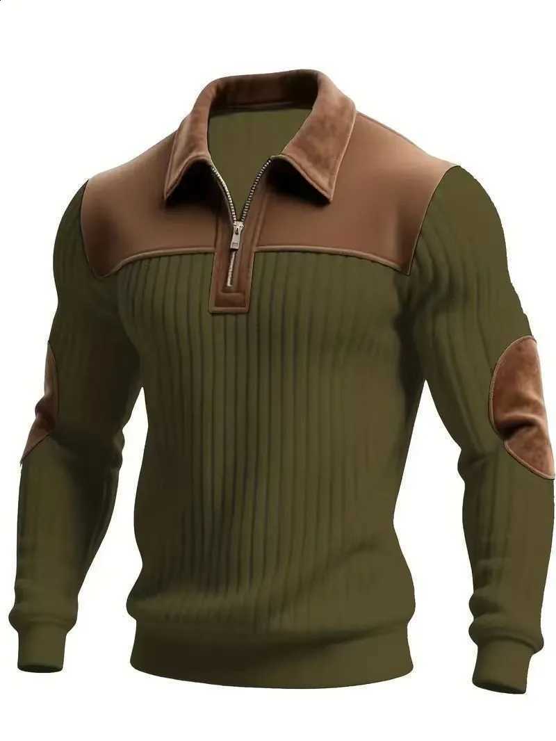 Block New Arrival Men Color Corduroy Collar Ribbed Long SLeeve Half Zip Sweater Elbow Patches Casual Pullover Sweatshirts J260916