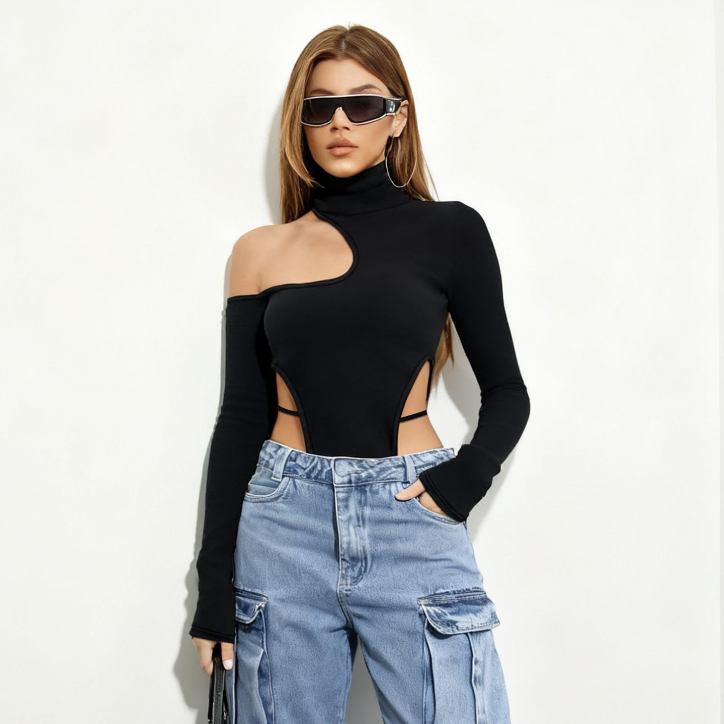 Independent brand, European and American style, sexy high-neck, off-the-shoulder, solid-color, tie-up bodysuit for women, minimalist design, slim-fi