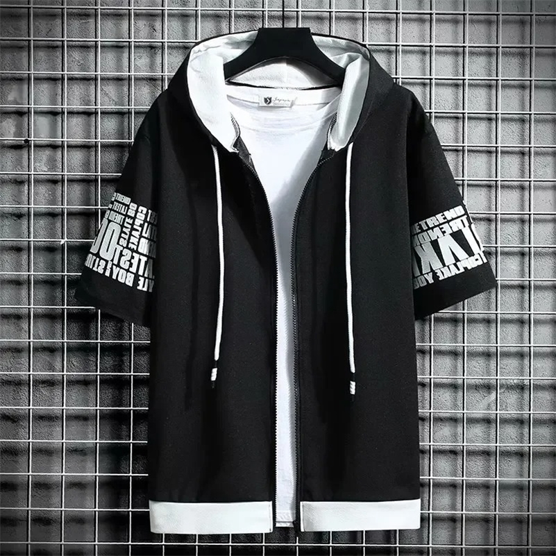 Fashion Men's Hoodies Summer Men Clothing T-shirt Zipper Hood Cartoon Casual T Shirt Print Hooded Top Short Sleeve Men260915ww
