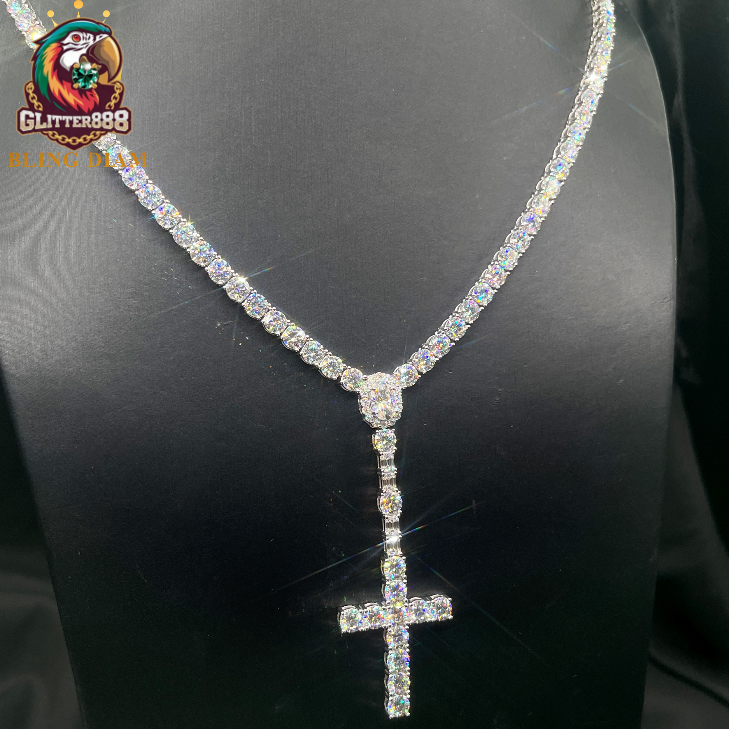 New Design Iced Out VVS Moissanite Tennis Chain Sterling 925 Silver 5mm Tennis Link Chain Necklace Cross Pendant Set Jewelry
