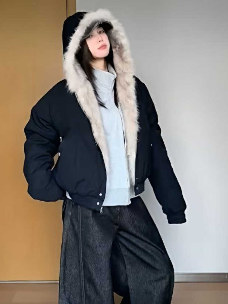 New Elegant Liner Fur Autumn Loose Coat Women Y2k Fur Collar Hood Thick Fashion Parkas Casual Outerwear Cotton Padded Jackets H260917