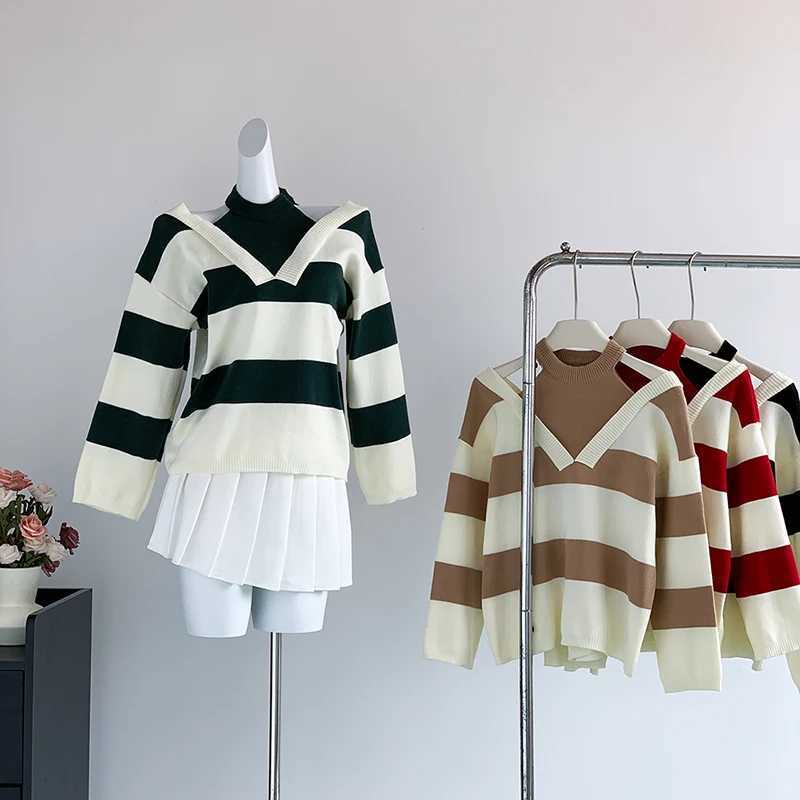 Temperament Halter Neck Fake Two Piece Long Slve Sweaters Women Large Size Loose Knitted Tops Autumn Winter Contrast Stripe S260917ET1M
