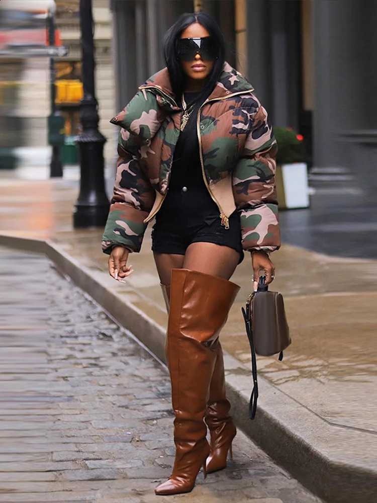 Camo Cropped Puffer Jacket Women Stand Collar Zip Up Loose Fit Short Chic Padded Coat 2026 Winter Fashion Street Casual Jackets H260917