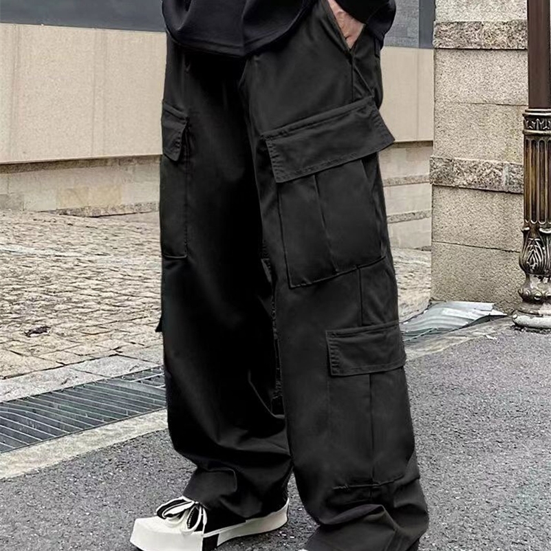 Men's Spring and Autumn Multi-Pocket Cargo Pants with Elastic Waistband and Drawstring Adjustment Solid Color 260911ww