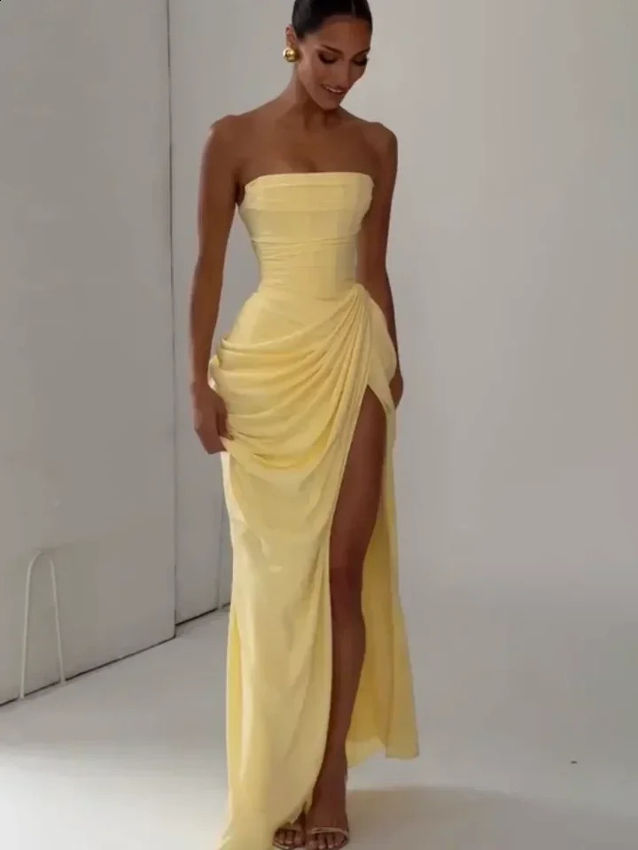 Solid Pleated Strapless Women's Dress Backless Off-shoulder High Waist Split Female Dresses Sexy Summer Evening Party Gown 260917