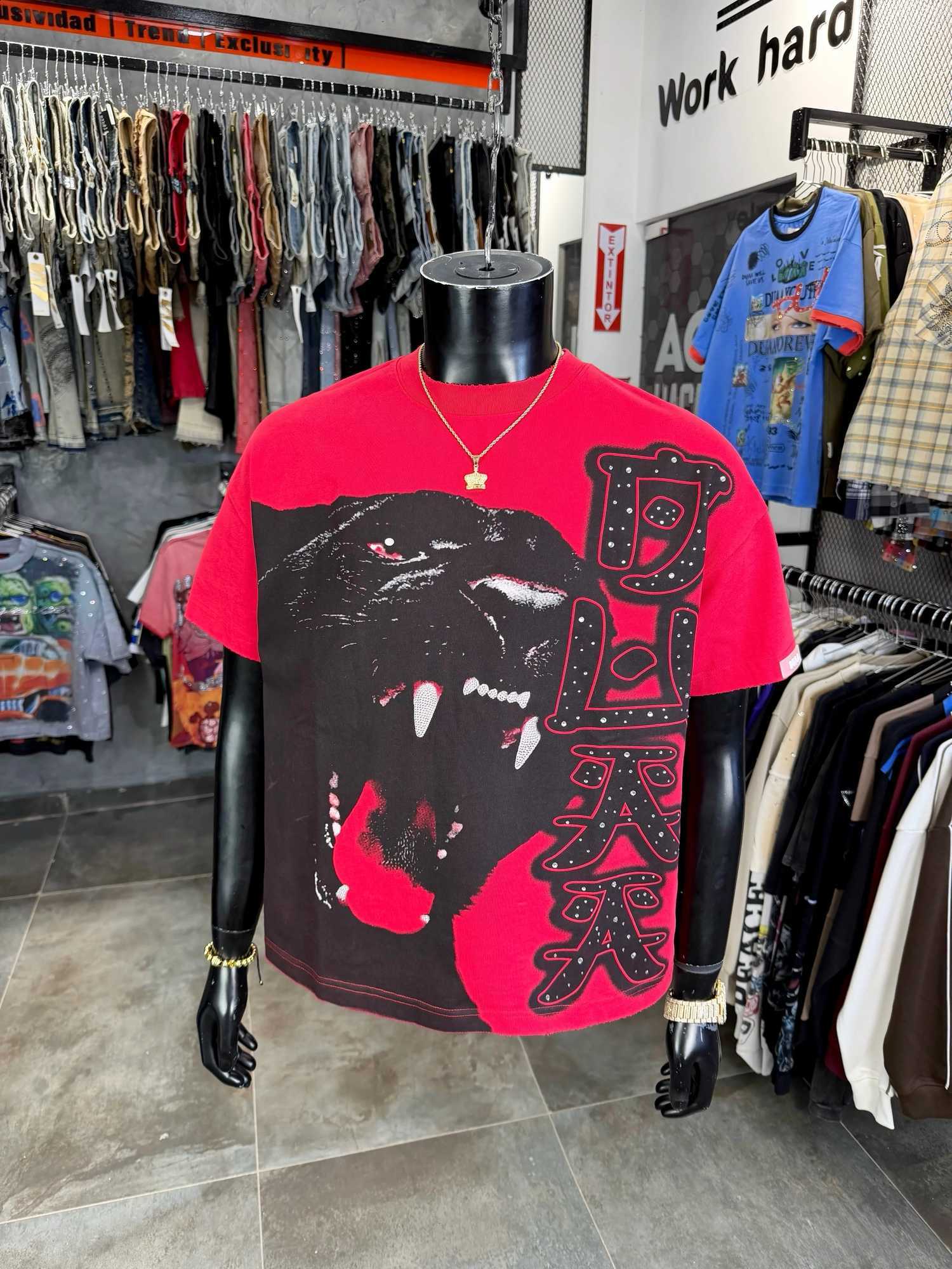 Red Panther Face Pattern Men's Letter Cotton Oversized Short Sleeve Hip Hop Street T-shirt X260916