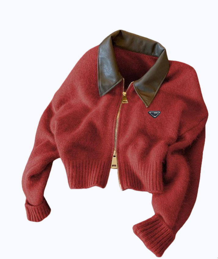 Spliced Leather Collar Knit Sweater Fashion Double Zipper Cardigan Womens AutumnWinter Soft Vintage Long Sleeve Streetwear