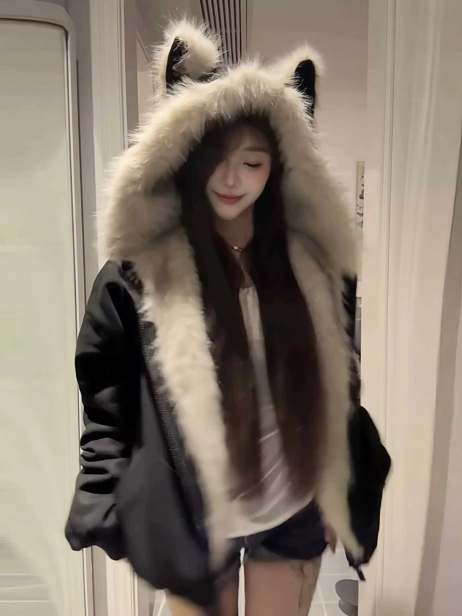 Collar Women Fur Y2k Faux Hood Fashion Parkas Winter New Elegant Liner Loose Coat Casual Harajuku Outerwear Aesthetic Jackets H260917