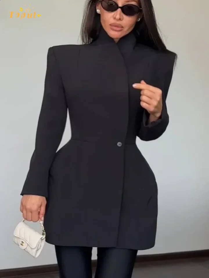 Women Waist Cinching Suit Jacket Elegant V-neck Full Sleeve Single Button Shoulder Pad Slim Coat Fashion Lady Commute Outerwear 260917