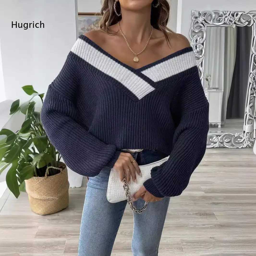 Color Block Off Shoulder Knitted Pullover Women Loose Long Slve Sweater Suitable For Trendy Daily Wear And Casual Matching S260917MVIH