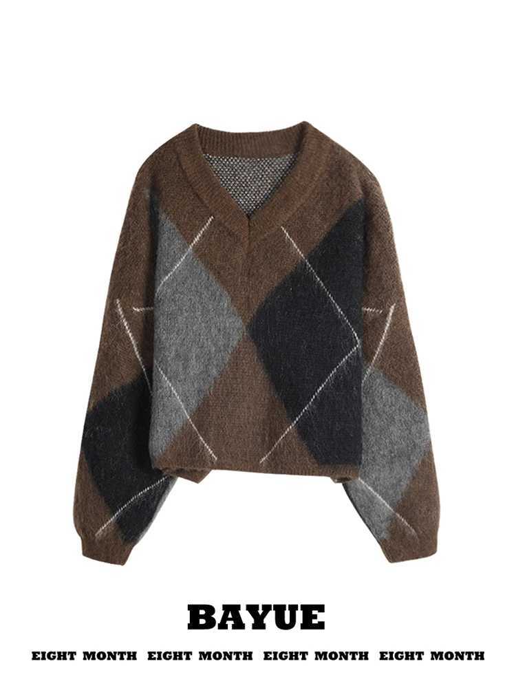 Retro Lazy Loose V-Neck Diamond Grid Knitwear Women's Autumn Winter Thick Soft Cashmere Overhead Color Block Knitted Top S260917ZQQU