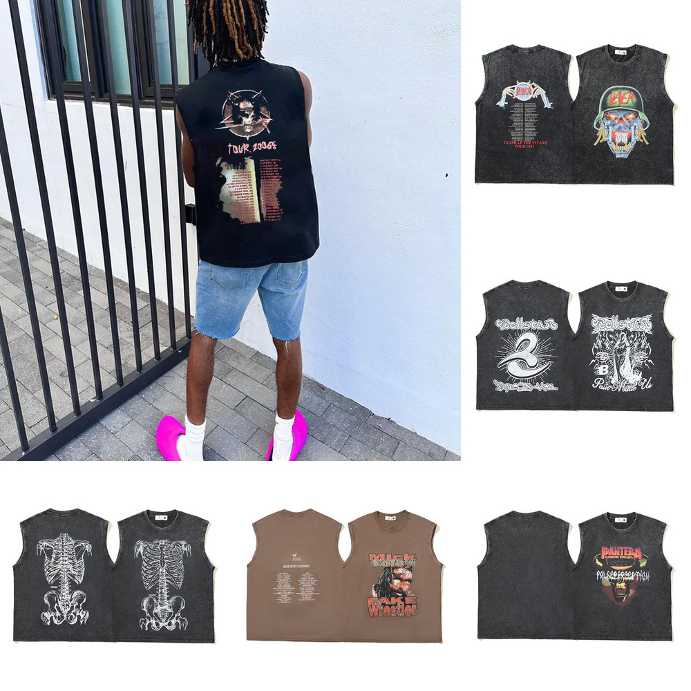 Designer Men's Vest American Retro Style High Street Trendy Brand Washed Black Distressed Finish Casual Sportswear Lettered Cartoon Vest