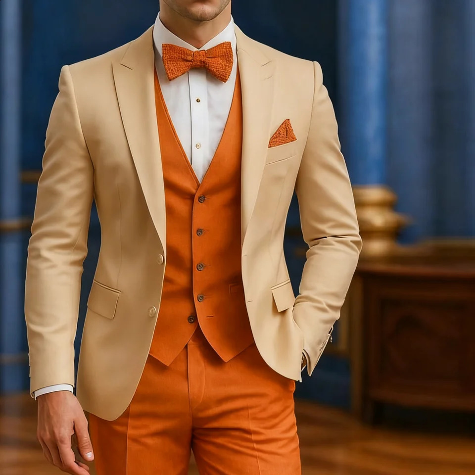 Mens Formal White And Orange Suit Occasion Wedding Groomsmen Graduation Dance Smoking 3 Piece Tuxedo Traditional Male Attire 260914