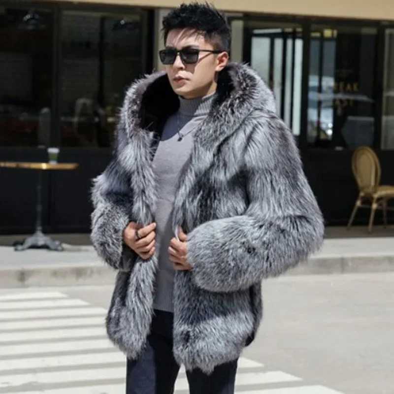 Autumn Men Fur Winter Coat Hooded Thick Faux Jacket Long Sleeve Warm Fur Black Parkas Bontjas Furry Shaggy OuterwearW260915