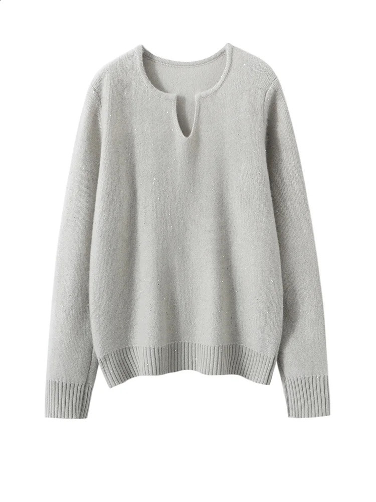 Glamorous Women Sweater Suite Sequins 100% Cashmere Sweater Pullover Irregular Collar Autumn Winter French Style Cozy Knit Tops 260917