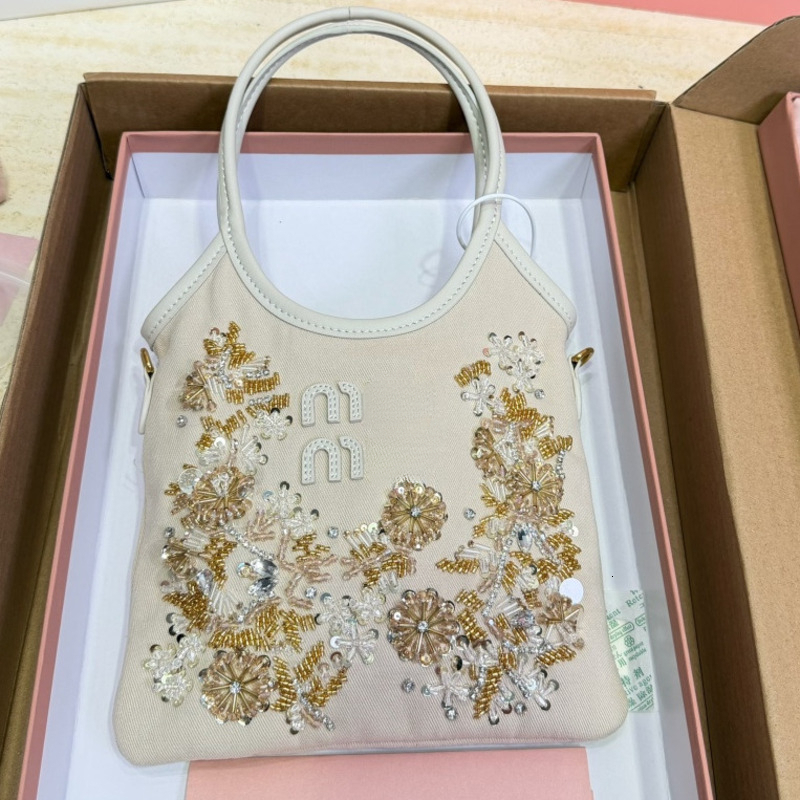 Mieumieubag Designer Bag Muilies Bag Women Canvas Tote Bag Floral Sequin Beaded Handbag Luxury Round Handle Shopping Shoulder Kids Travel Bag