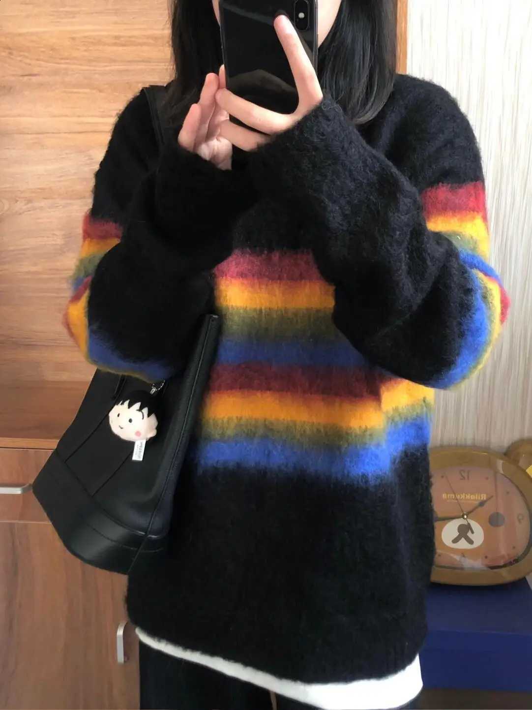 Autumn Women Winter 2025 New Rainbow Striped Sweater Tops Female O-neck Wool Jumpers Ladies Loose Thicken Knitted Tops N865 J260916
