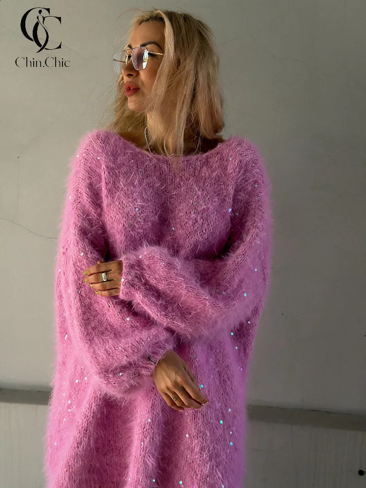 Fuzzy Mohair Sequins Knit Women's Sweater Oversized Backless Sweaters Pullover Loose Fluffy Jumper Autumn Casual Streetwear 260917