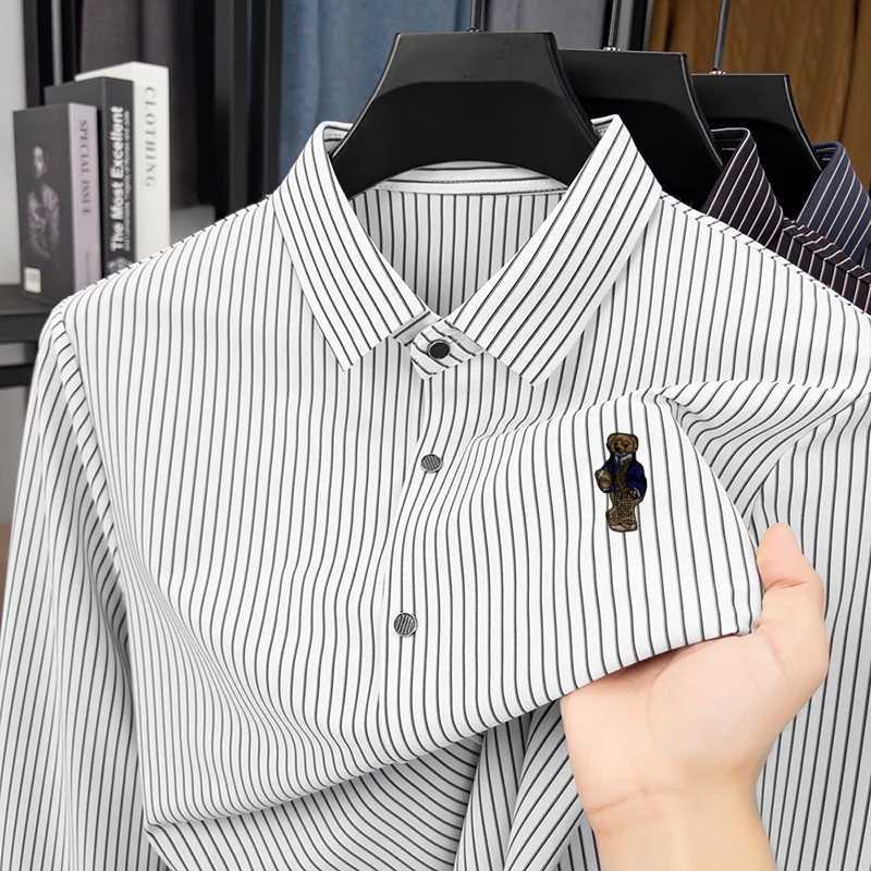 Men's Quality Embroidery Print Shirt Autumn New Color Blocking Stripes Lapel Long Sved Top Casual Versatile Men's Wear Q260917