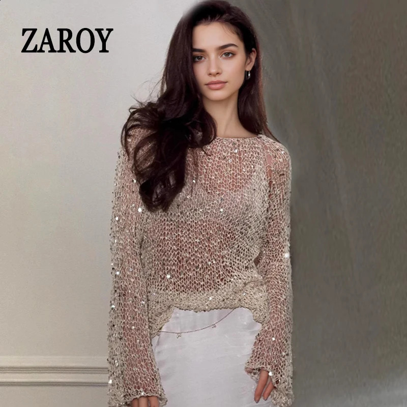 Sequin Sweater Pullover Spring Women Long Sleeve Sunscreen Cover-up Tops Hollow Out Sexy See Through Knit Glitter Shinny Shirt 260917