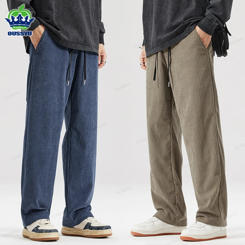 OUSSYU Autumn Winter Men's Stripe Corduroy Pants Elastic Waist Drawstring Straight Thick Outdoors Loose Casual Trousers 260917